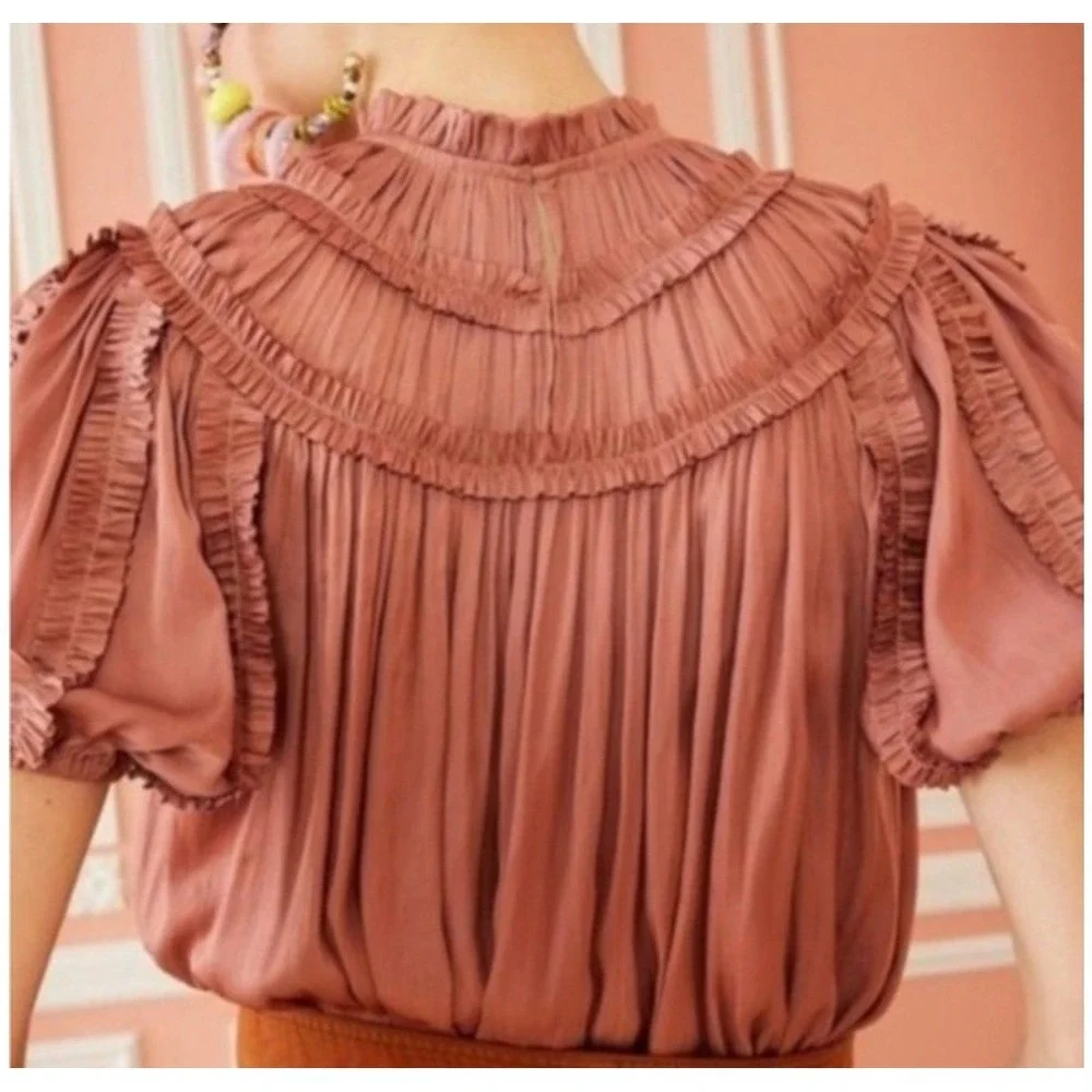 Ulla Johnson Aimee Pleated Blouse Terracotta Rose Ruffle Puff Sleeve Top Size 8
